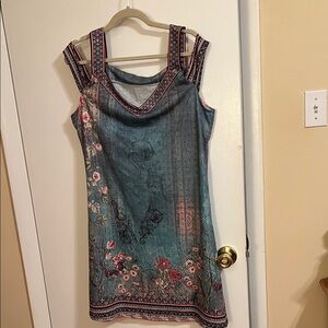 Floral Cold-Shoulder Dress with Green and Pink Accents